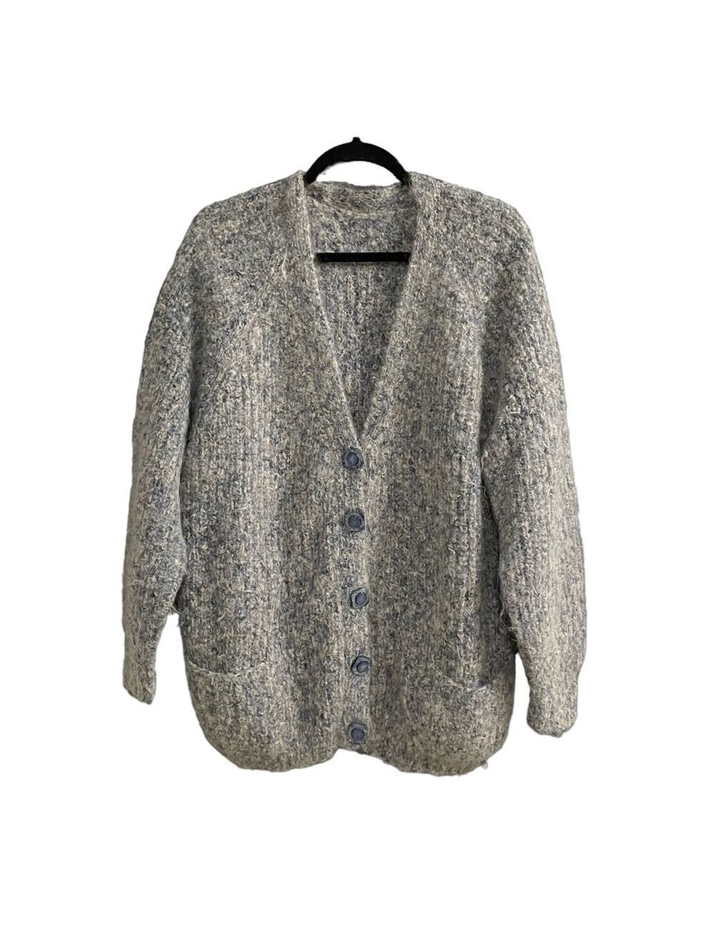 Hand Knit Wool Mohair Button Front Chunky Knit Cardigan Sweater Blue Pink L/XL